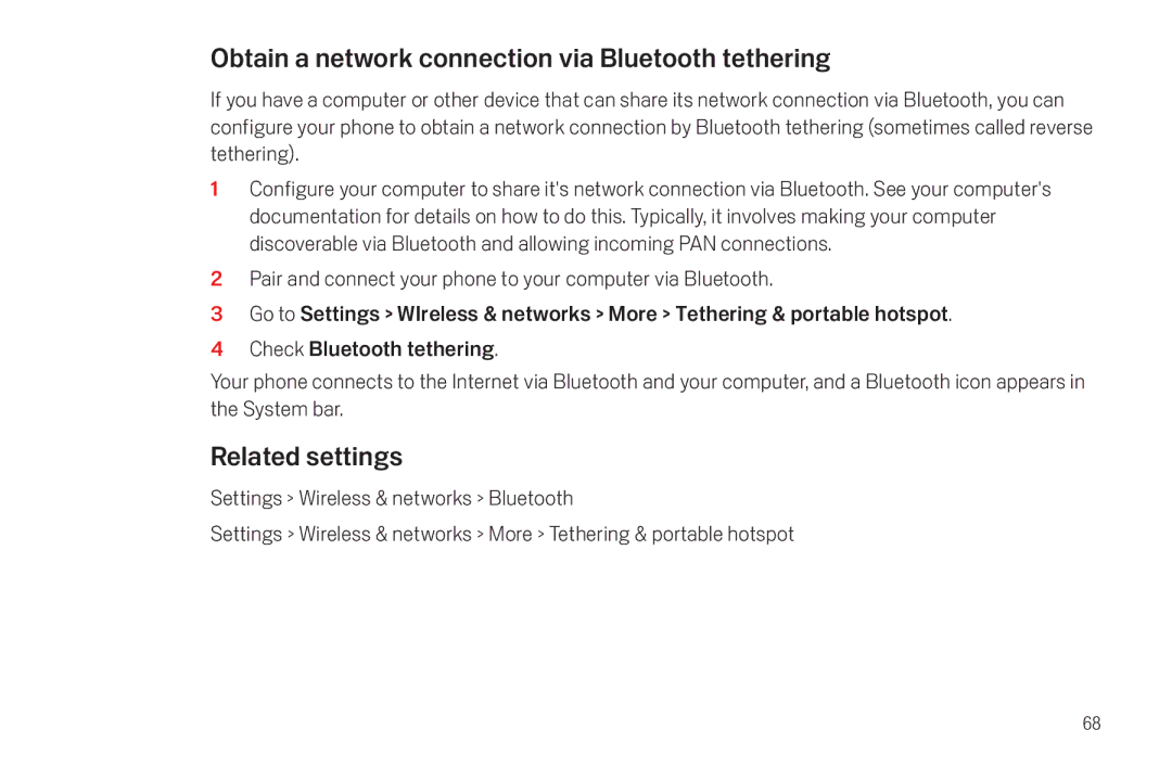 Verizon Galaxy Nexus manual Obtain a network connection via Bluetooth tethering, Related settings 