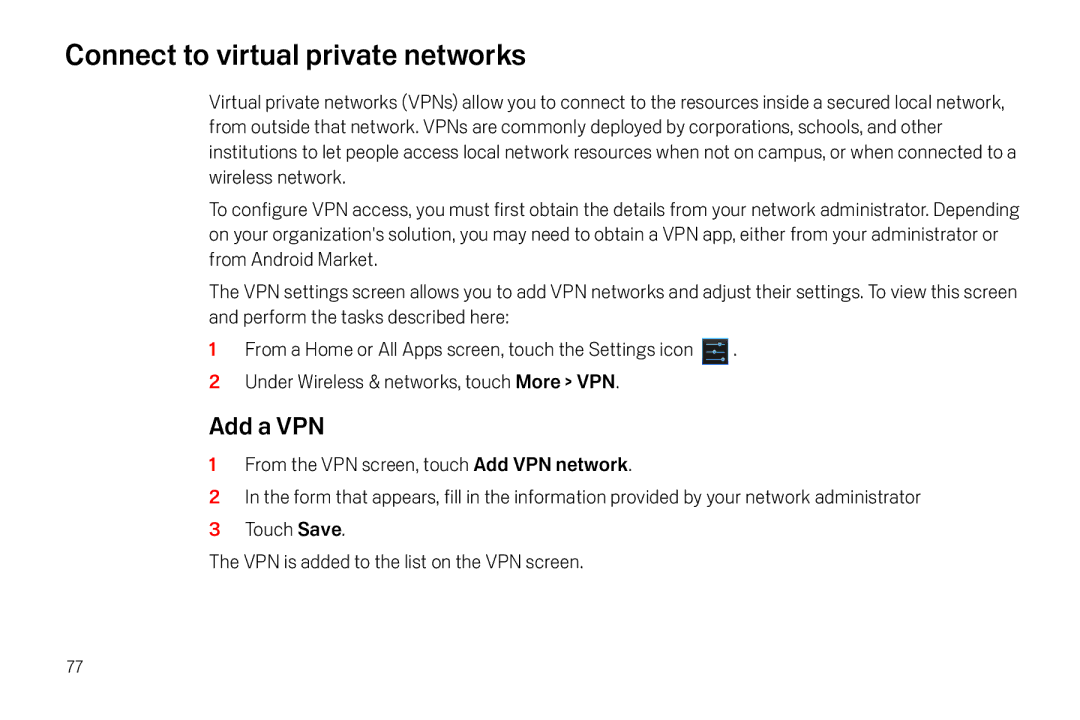 Verizon Galaxy Nexus manual Connect to virtual private networks, Add a VPN 