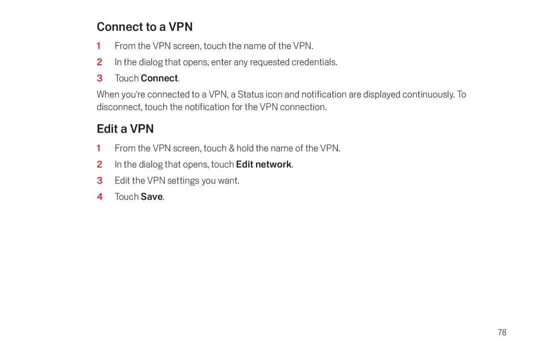 Verizon Galaxy Nexus manual Connect to a VPN, Edit a VPN 