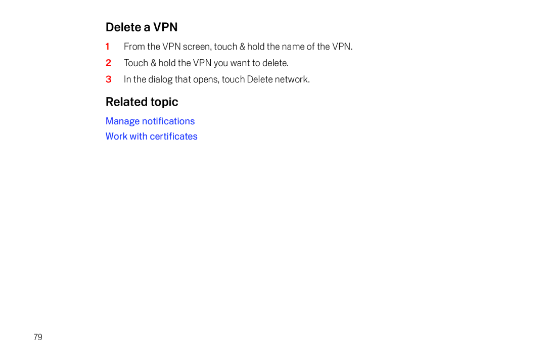 Verizon Galaxy Nexus manual Delete a VPN, Related topic 