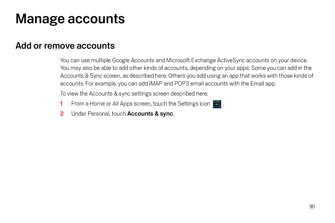 Verizon Galaxy Nexus manual Manage accounts, Add or remove accounts 