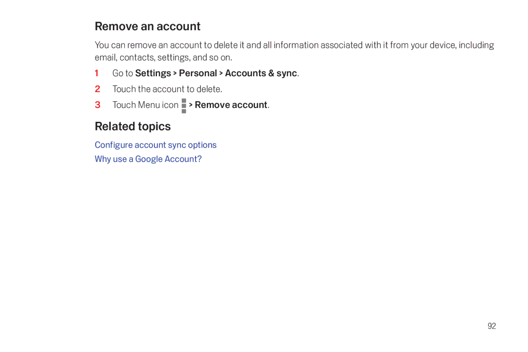 Verizon Galaxy Nexus manual Remove an account, Related topics 