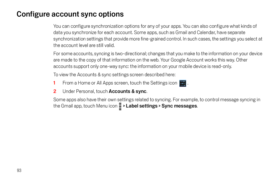 Verizon Galaxy Nexus manual Configure account sync options 