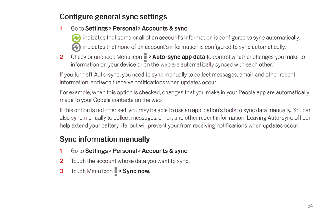 Verizon Galaxy Nexus Configure general sync settings, Sync information manually 