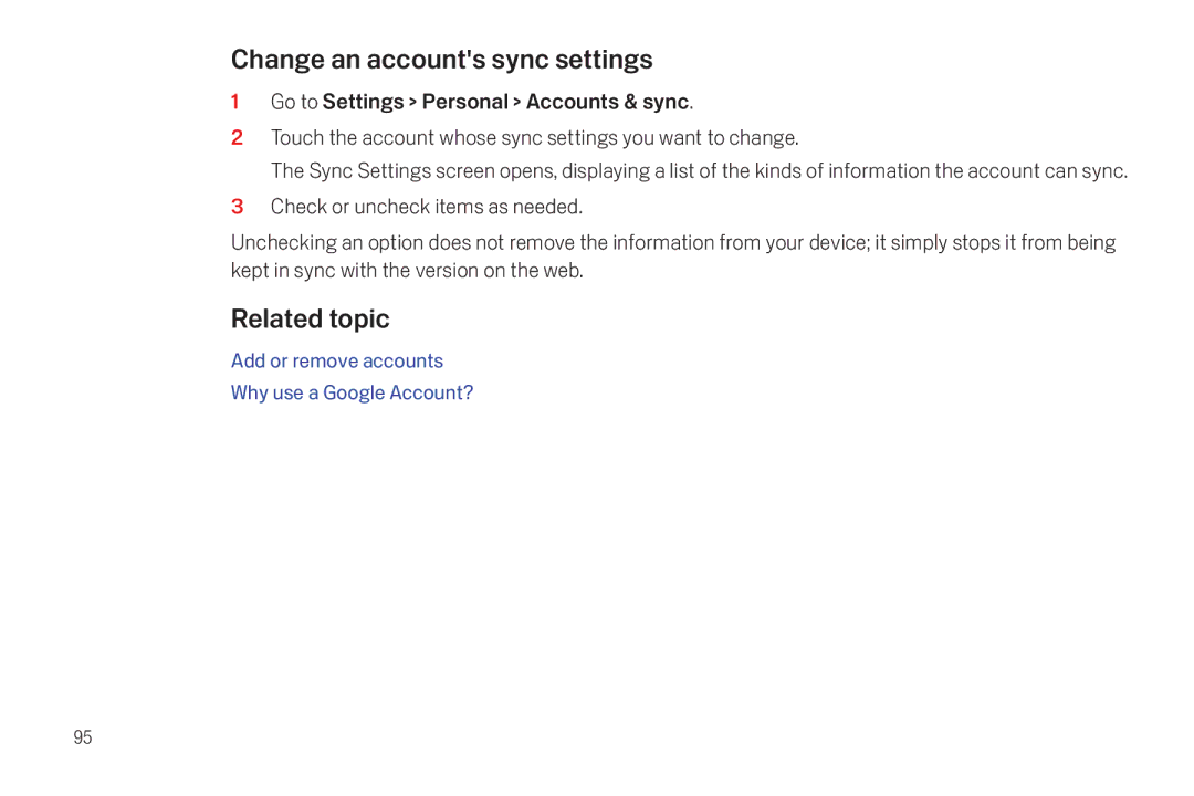 Verizon Galaxy Nexus manual Change an accounts sync settings, Related topic 