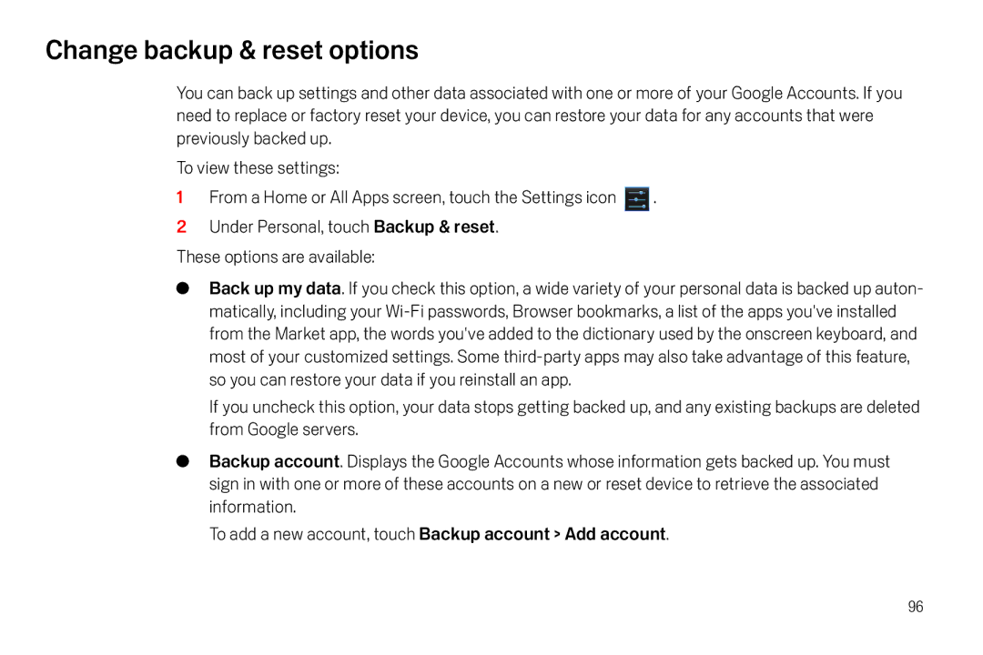 Verizon Galaxy Nexus manual Change backup & reset options 