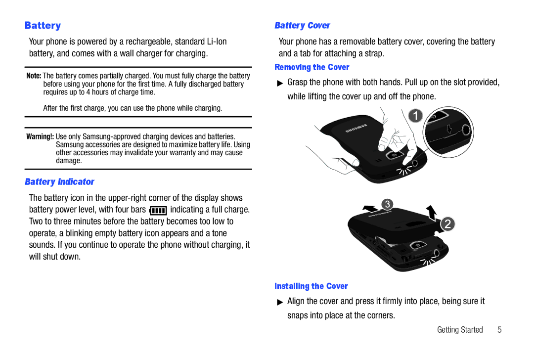 Verizon GH68-36252A manual Battery Indicator, Battery Cover, Removing the Cover, Installing the Cover 