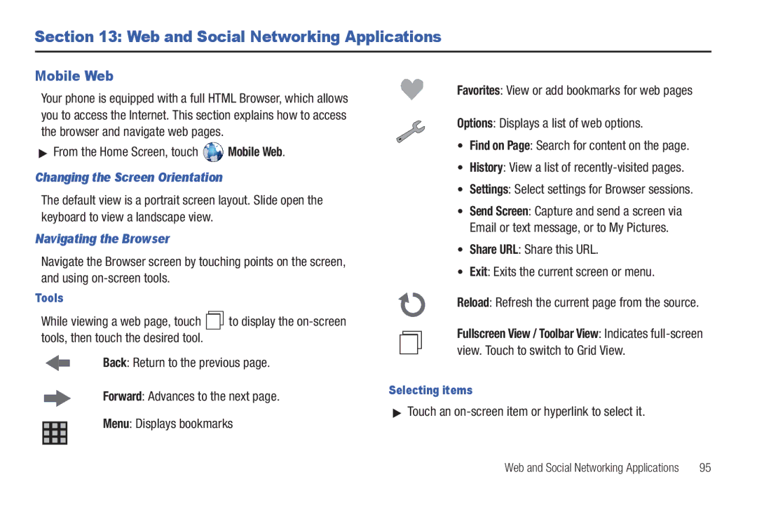 Verizon GH68-36252A Web and Social Networking Applications, From the Home Screen, touch Mobile Web, Navigating the Browser 