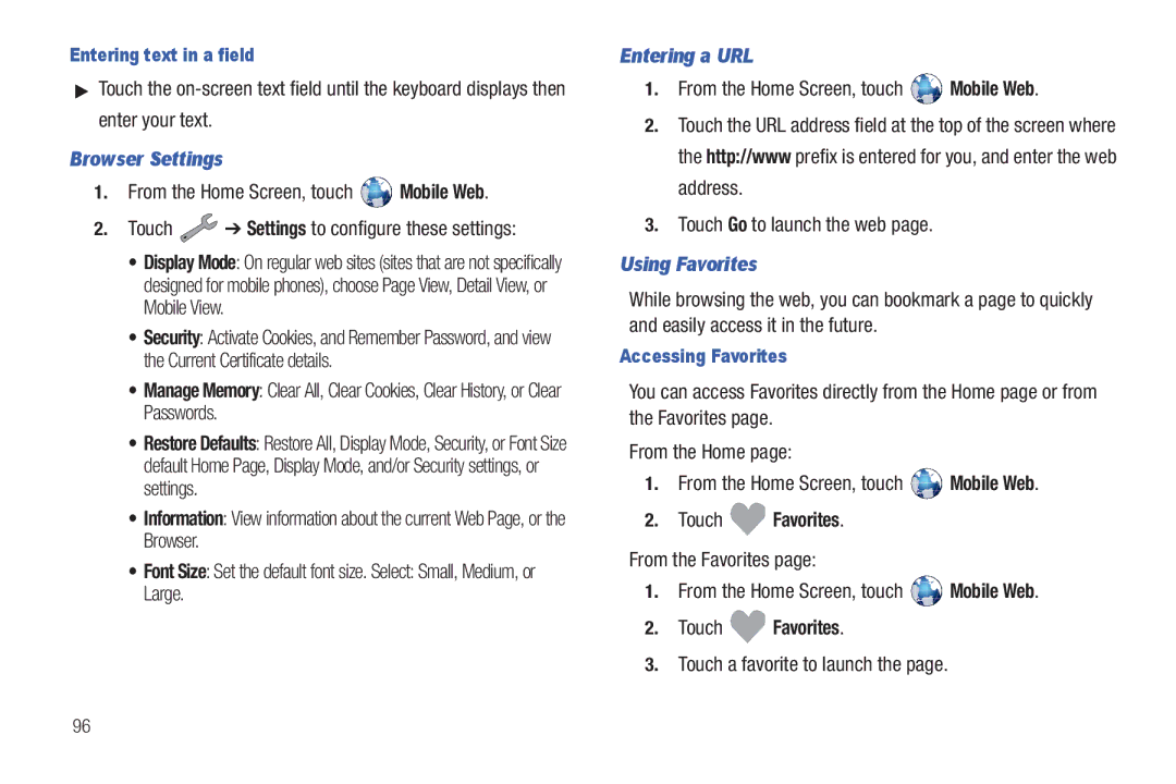 Verizon GH68-36252A manual Browser Settings, Entering a URL, Using Favorites, Touch Favorites 