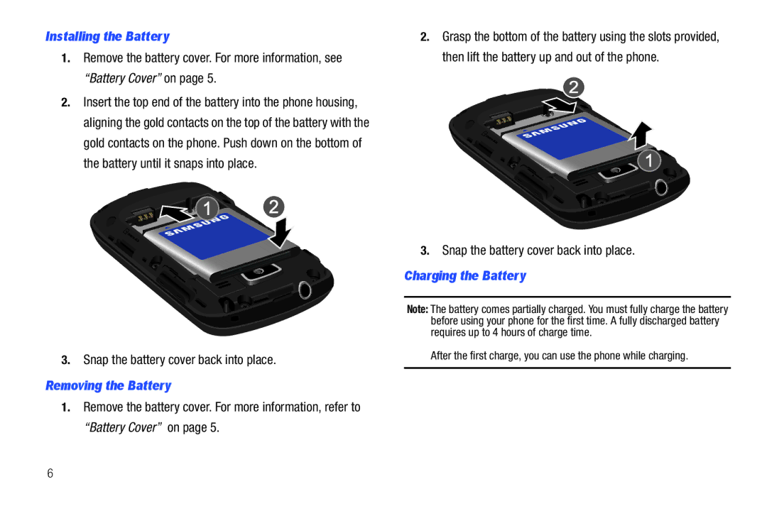 Verizon GH68-36252A manual Installing the Battery, Snap the battery cover back into place, Removing the Battery 