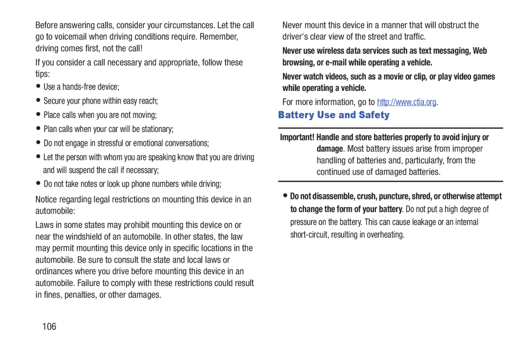 Verizon GH68-36252A manual Battery Use and Safety, 106 