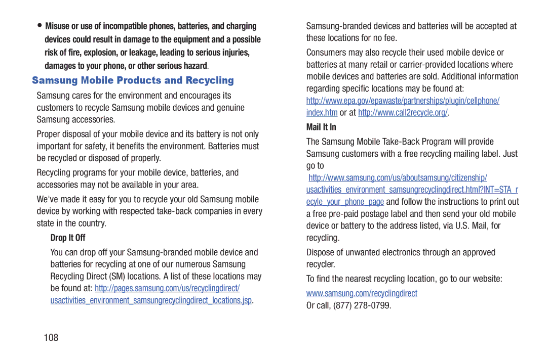 Verizon GH68-36252A manual Samsung Mobile Products and Recycling, 108, Drop It Off, Mail It, Or call, 877 