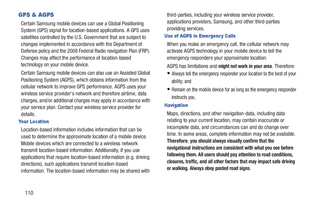 Verizon GH68-36252A manual 110, Your Location, Use of Agps in Emergency Calls, Navigation 