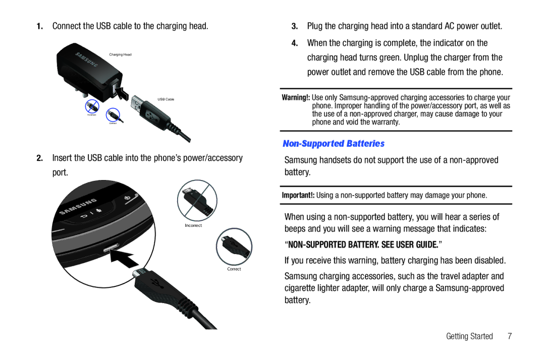 Verizon GH68-36252A Connect the USB cable to the charging head, Insert the USB cable into the phone’s power/accessory port 