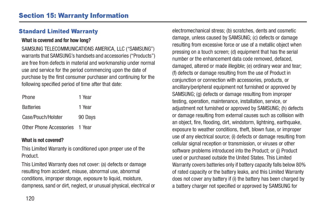 Verizon GH68-36252A manual Warranty Information, Standard Limited Warranty, 120, What is covered and for how long? 