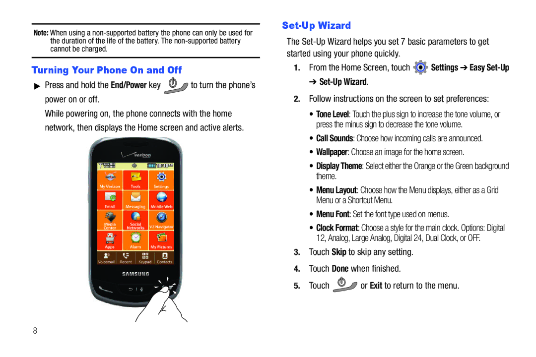 Verizon GH68-36252A Turning Your Phone On and Off, Set-Up Wizard, Follow instructions on the screen to set preferences 