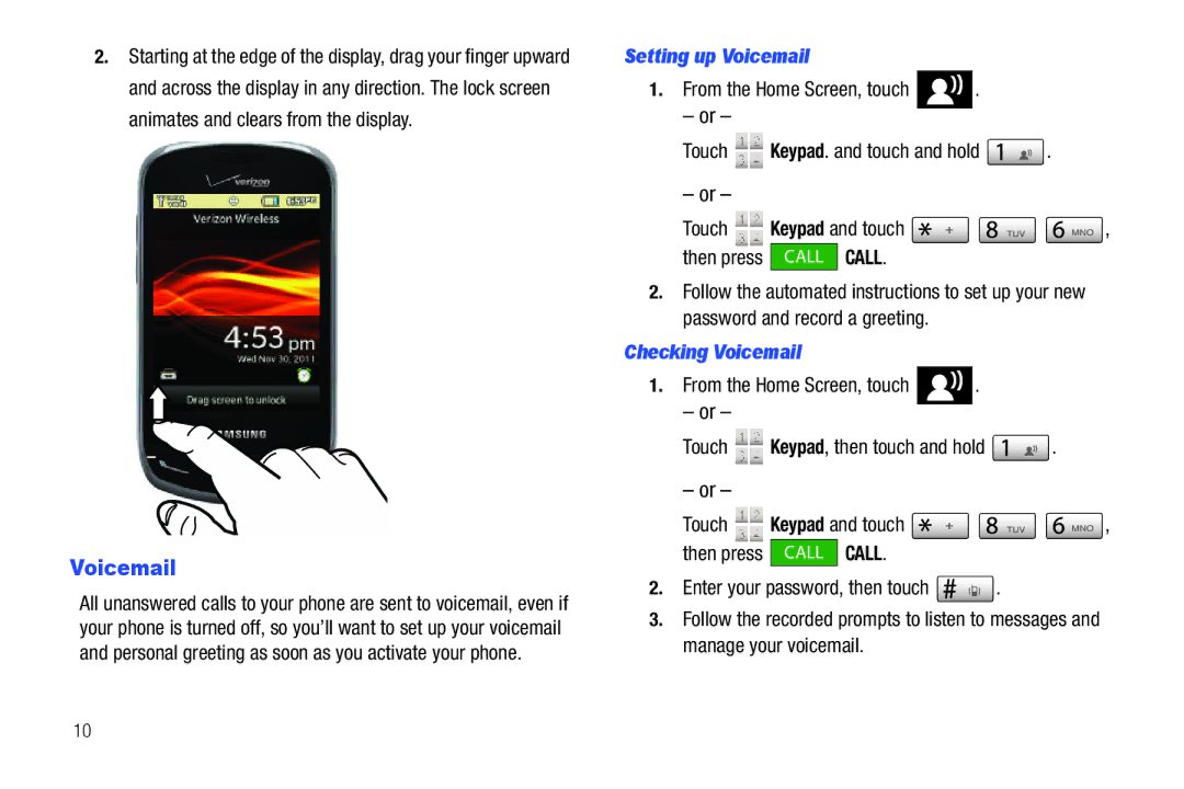 Verizon GH68-36252A manual Setting up Voicemail, Keypad and touch, Checking Voicemail, Touch 