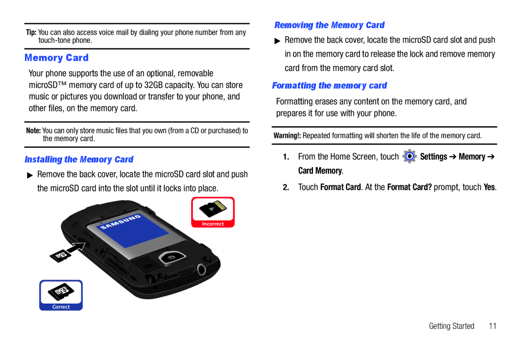 Verizon GH68-36252A manual Installing the Memory Card, Removing the Memory Card, Formatting the memory card 