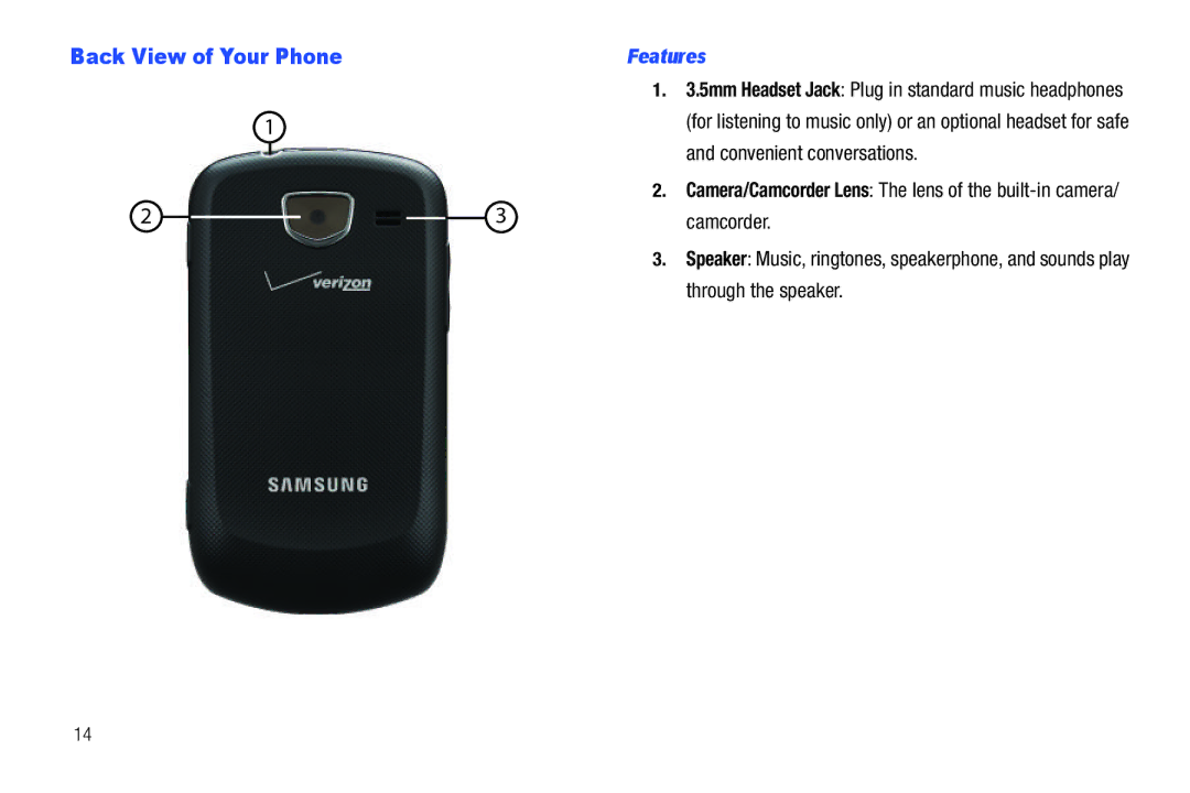 Verizon GH68-36252A manual Back View of Your Phone, Features 