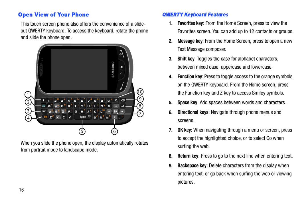 Verizon GH68-36252A Open View of Your Phone, Qwerty Keyboard Features, Space key Add spaces between words and characters 