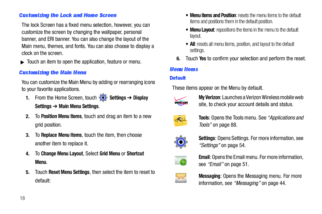 Verizon GH68-36252A manual Customizing the Lock and Home Screen, Customizing the Main Menu, Menu Items 