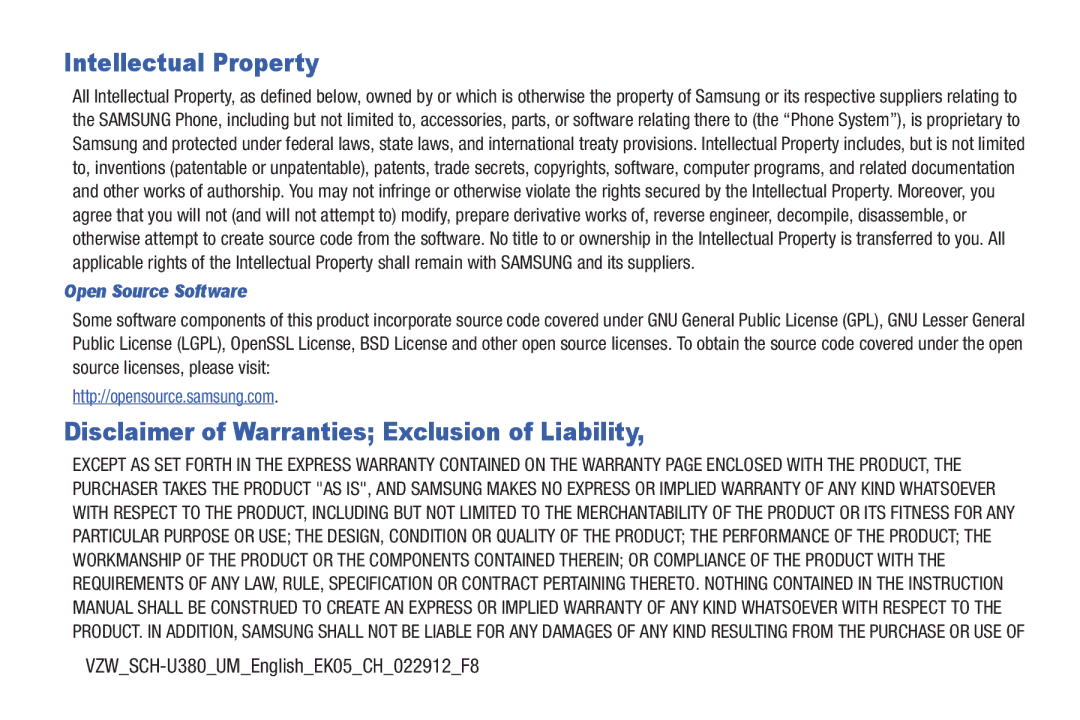 Verizon GH68-36252A manual VZWSCH-U380UMEnglishEK05CH022912F8, Open Source Software 