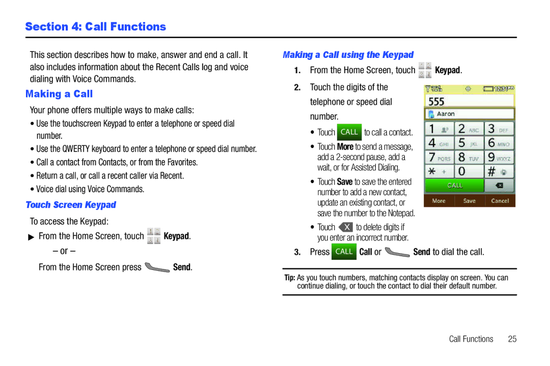 Verizon GH68-36252A manual Call Functions, Touch Screen Keypad, Making a Call using the Keypad 