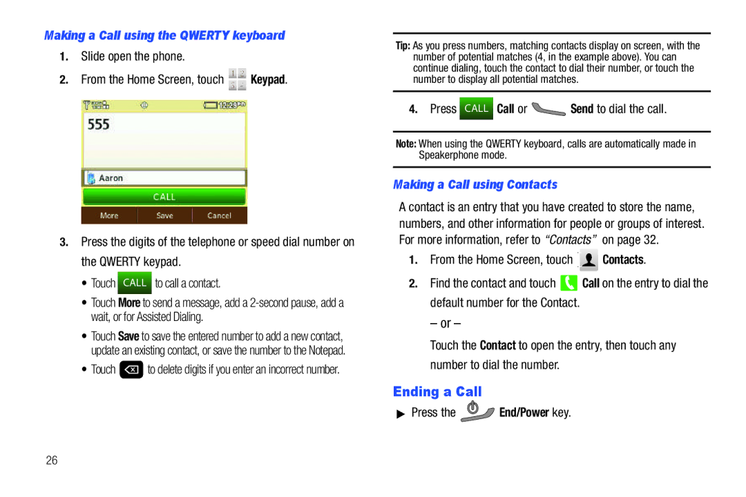 Verizon GH68-36252A manual Ending a Call, Making a Call using the Qwerty keyboard, Making a Call using Contacts 