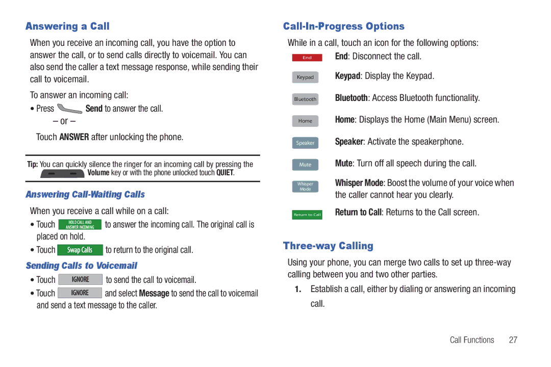 Verizon GH68-36252A manual Answering a Call, Call-In-Progress Options, Three-way Calling, Answering Call-Waiting Calls 