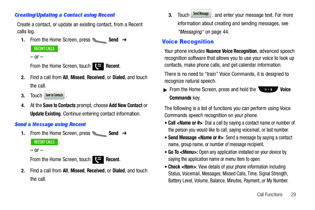 Verizon GH68-36252A manual Voice Recognition, Creating/Updating a Contact using Recent, Send a Message using Recent 