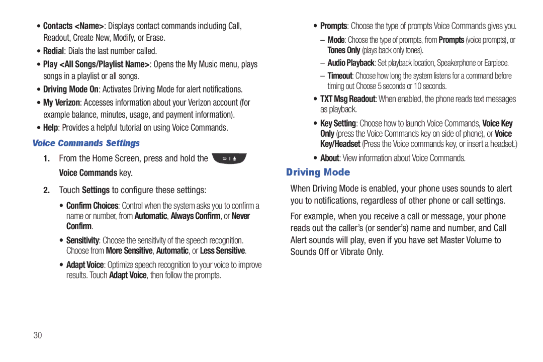 Verizon GH68-36252A manual Driving Mode, Redial Dials the last number called, Voice Commands Settings 