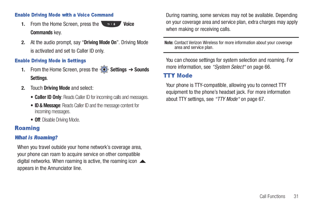 Verizon GH68-36252A manual TTY Mode, From the Home Screen, press the Voice Commands key, What is Roaming? 