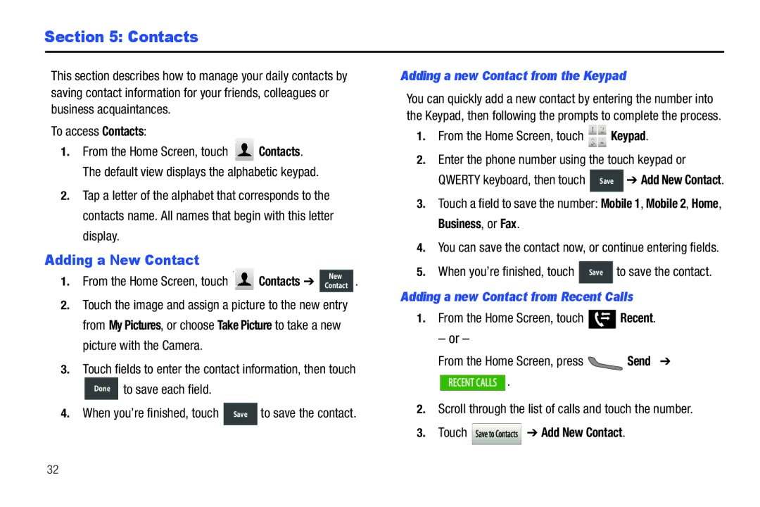 Verizon GH68-36252A manual Contacts, Adding a New Contact, Adding a new Contact from the Keypad, Send 