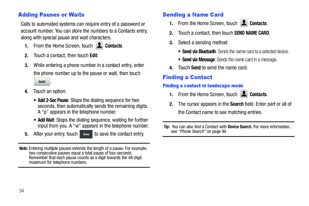 Verizon GH68-36252A manual Adding Pauses or Waits, Sending a Name Card, Finding a Contact 