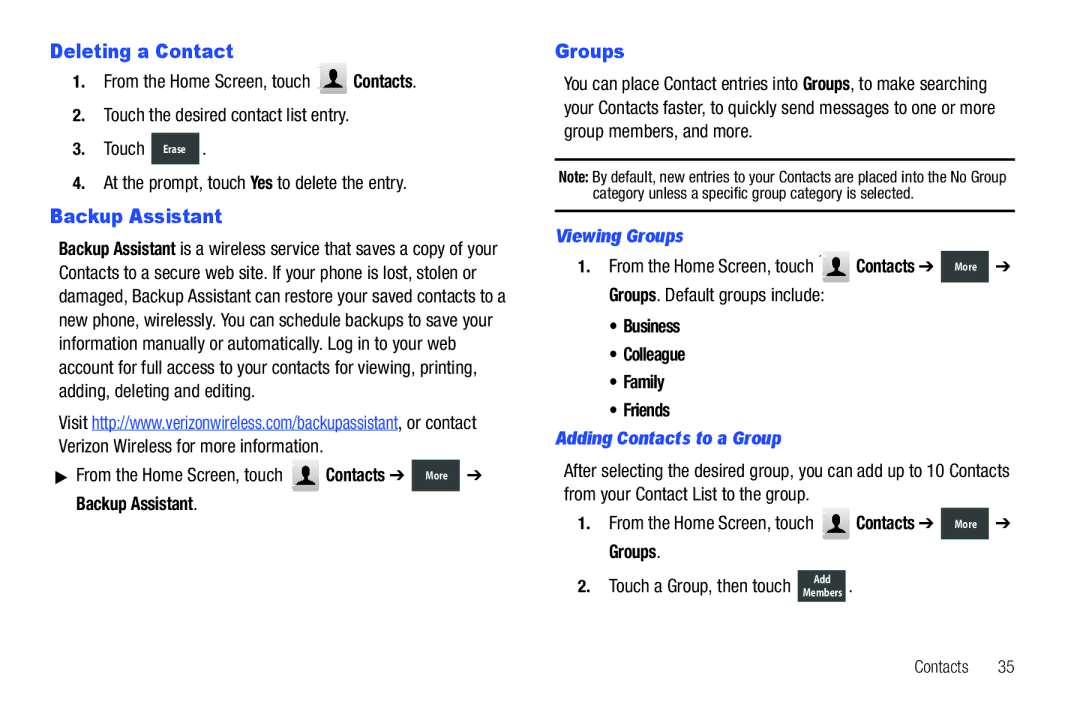 Verizon GH68-36252A manual Deleting a Contact, Backup Assistant, Viewing Groups, Adding Contacts to a Group 