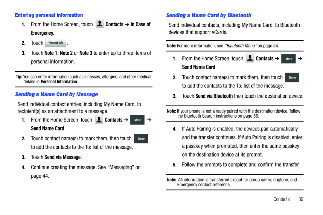 Verizon GH68-36252A manual From the Home Screen, touch Contacts In Case of Emergency, Sending a Name Card by Message 