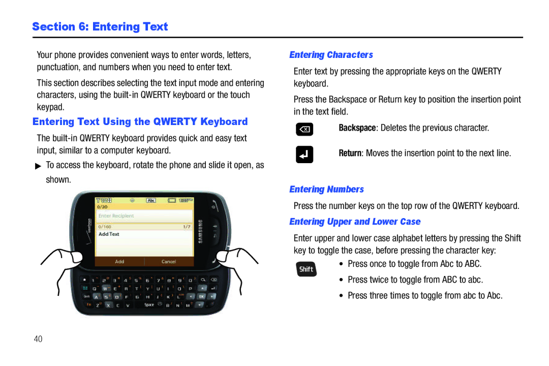 Verizon GH68-36252A manual Entering Text Using the Qwerty Keyboard, Entering Characters, Entering Numbers 