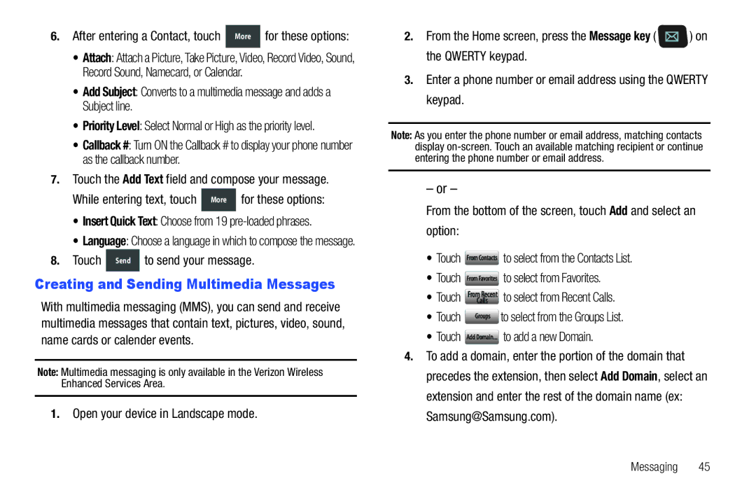 Verizon GH68-36252A manual Creating and Sending Multimedia Messages, After entering a Contact, touch More for these options 