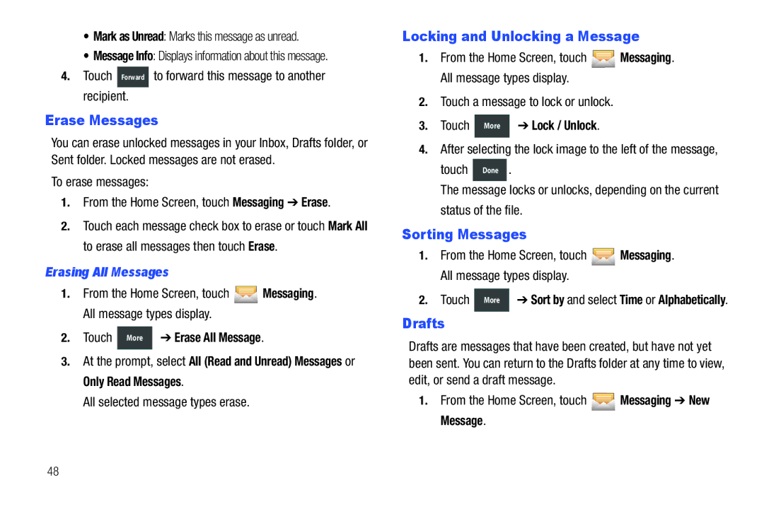 Verizon GH68-36252A manual Erase Messages, Locking and Unlocking a Message, Sorting Messages, Drafts, Erasing All Messages 