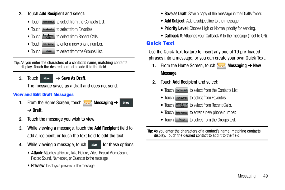 Verizon GH68-36252A manual Quick Text, Touch More Save As Draft 