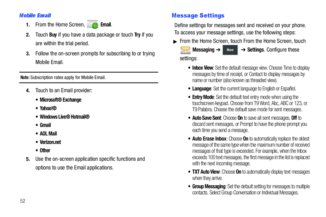 Verizon GH68-36252A manual Message Settings, Mobile Email, From the Home Screen, touch From the Home Screen, touch 