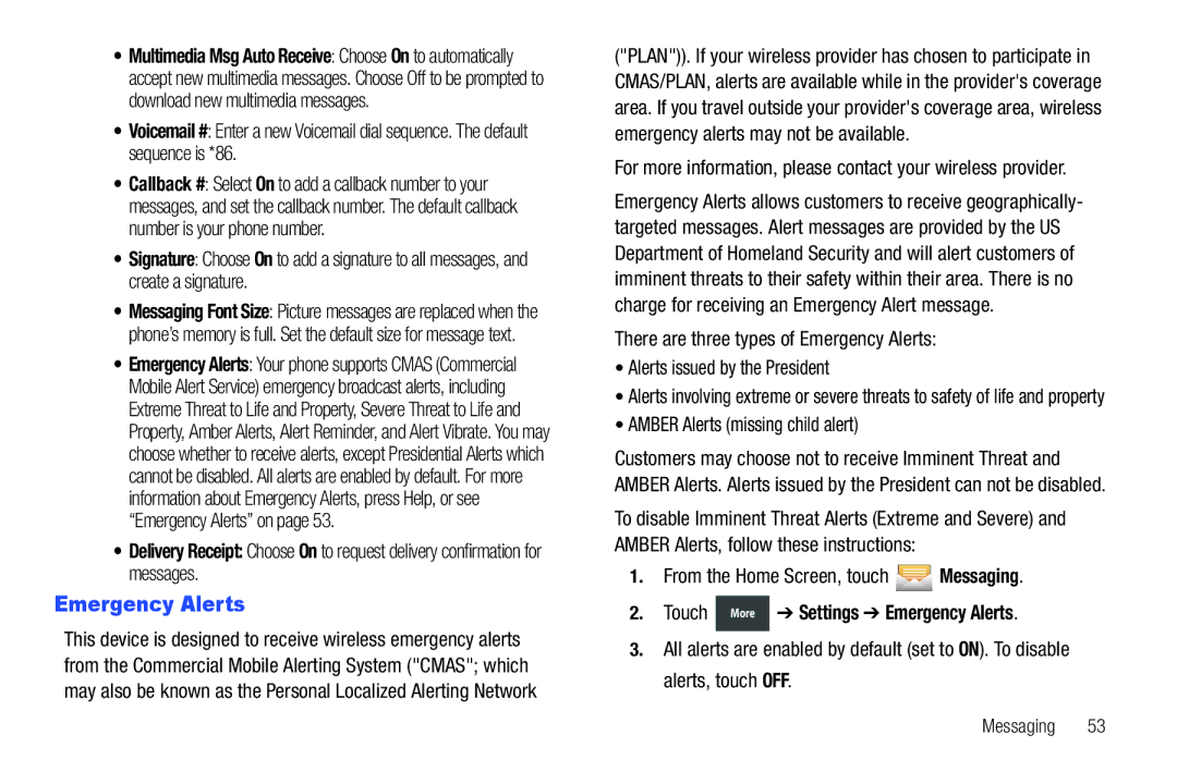 Verizon GH68-36252A manual Amber Alerts missing child alert, Touch More Settings Emergency Alerts 
