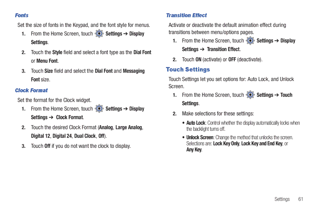 Verizon GH68-36252A manual Touch Settings, Fonts, Clock Format, Transition Effect 