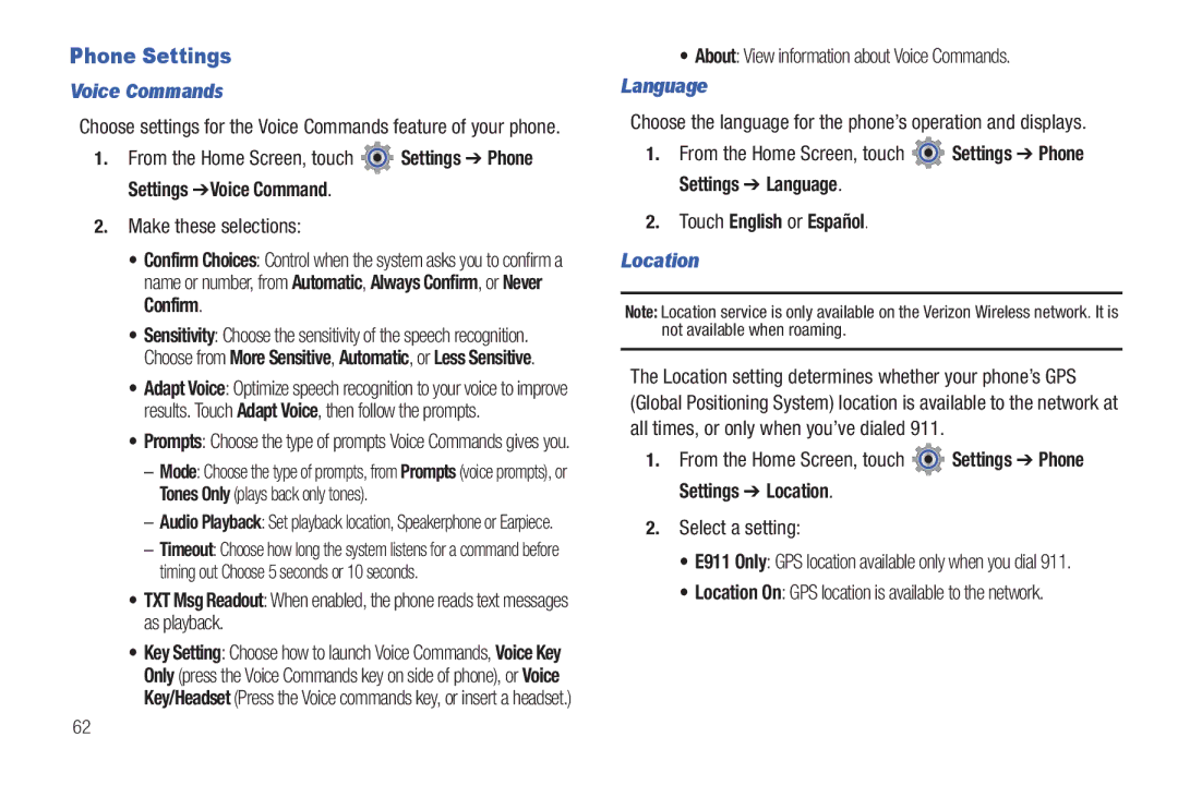 Verizon GH68-36252A manual Phone Settings, Voice Commands, Language, Location 