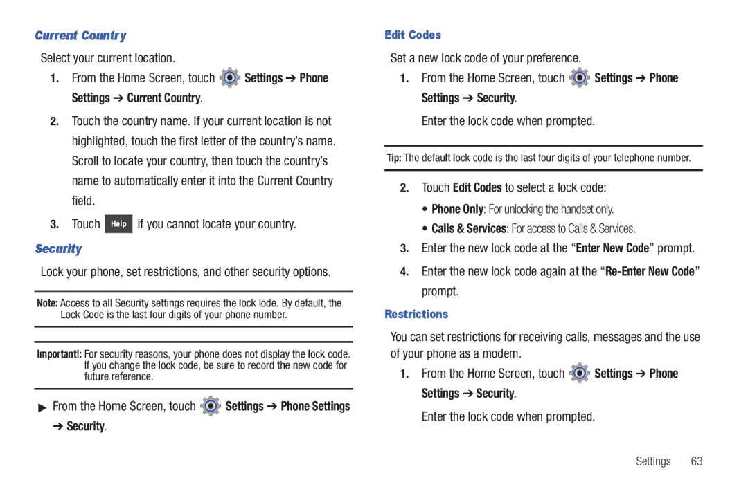 Verizon GH68-36252A manual Current Country, Security 