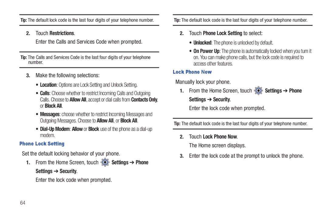 Verizon GH68-36252A manual Touch Restrictions, Touch Phone Lock Setting to select 