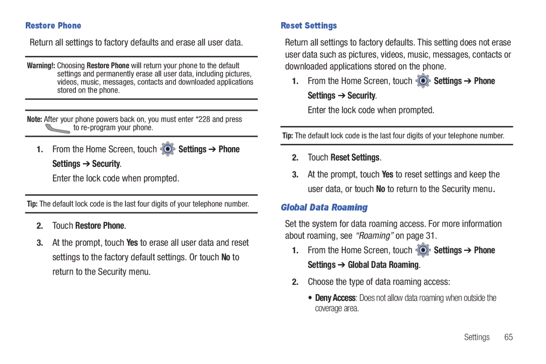 Verizon GH68-36252A manual Touch Restore Phone, Touch Reset Settings, Global Data Roaming 