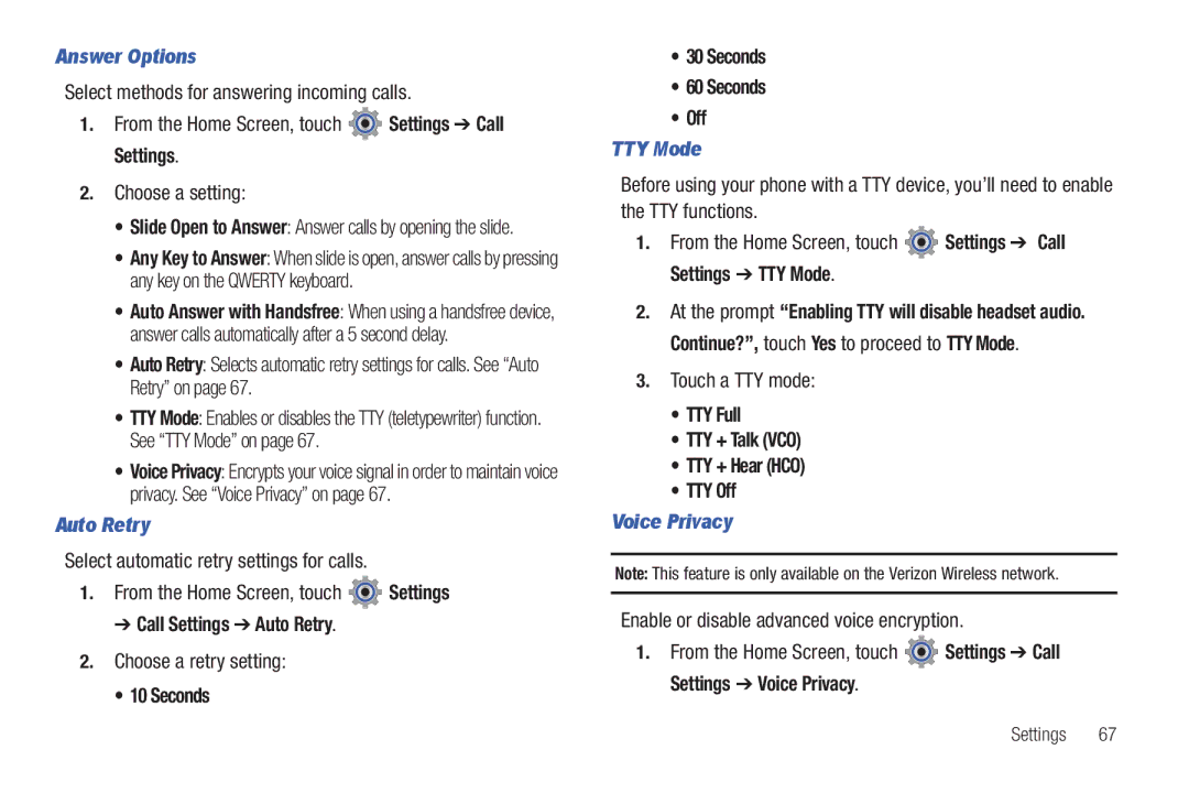 Verizon GH68-36252A manual Answer Options, Auto Retry, TTY Mode, Voice Privacy 