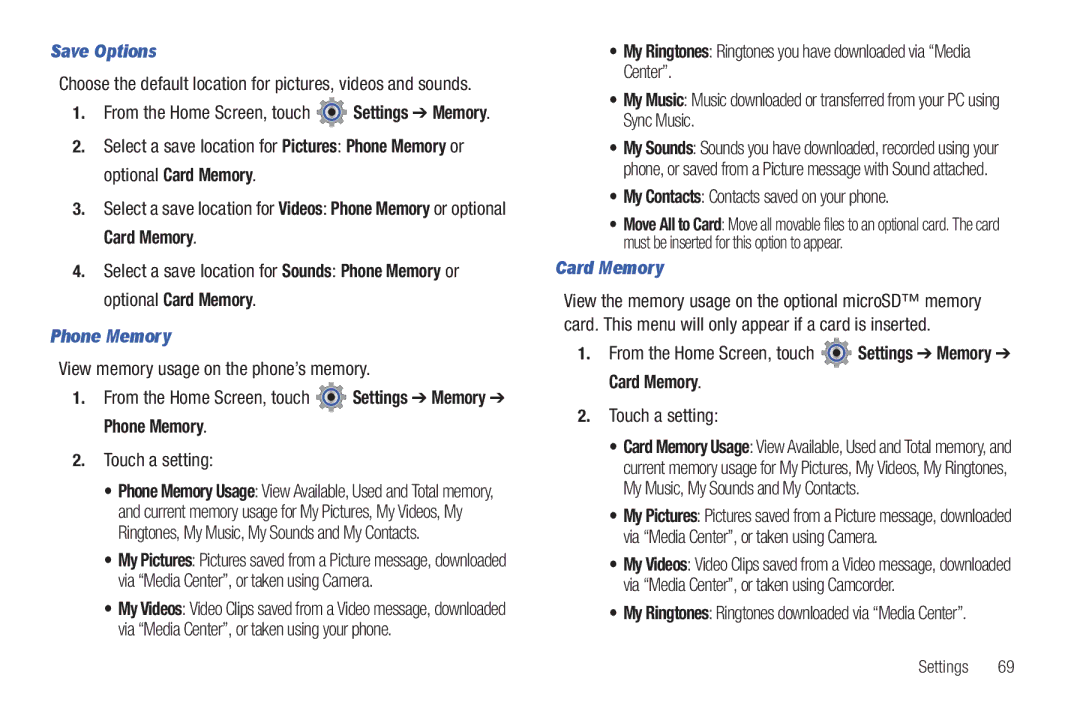 Verizon GH68-36252A manual Save Options, From the Home Screen, touch Settings Memory Phone Memory, Card Memory 