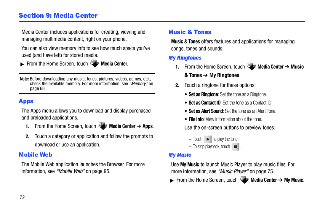 Verizon GH68-36252A manual Media Center, Apps, Mobile Web, Music & Tones 